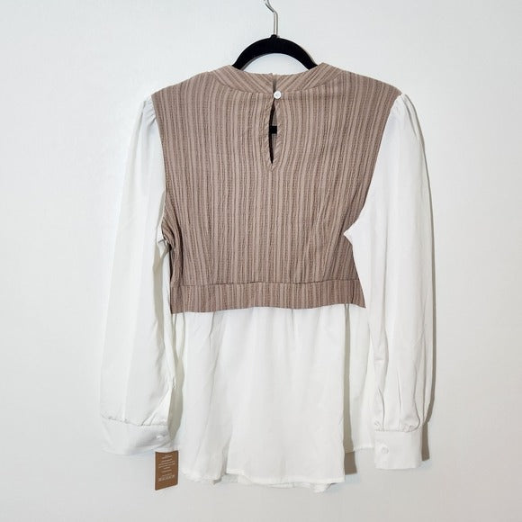 Shein Khaki and White Layered Look Blouse NWT Size Large Khaki Textured Blouse