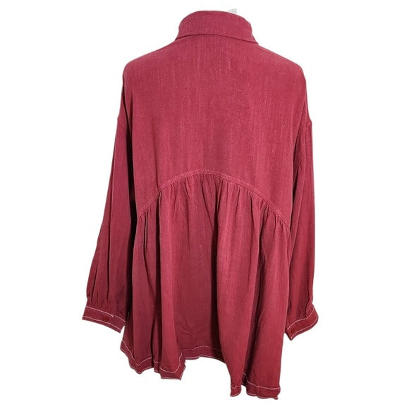 Umgee Cranberry Oversized Button-up Tunic with Embroidered Detail Size Small NWT