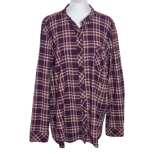 D&Co. Burgundy Plaid Collarless Button Down Shirt Size XL Burgundy Plaid Top