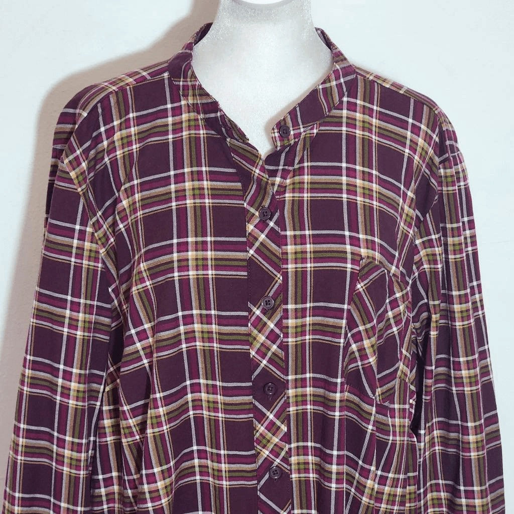 D&Co. Burgundy Plaid Collarless Button Down Shirt Size XL Burgundy Plaid Top