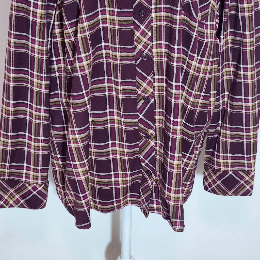 D&Co. Burgundy Plaid Collarless Button Down Shirt Size XL Burgundy Plaid Top
