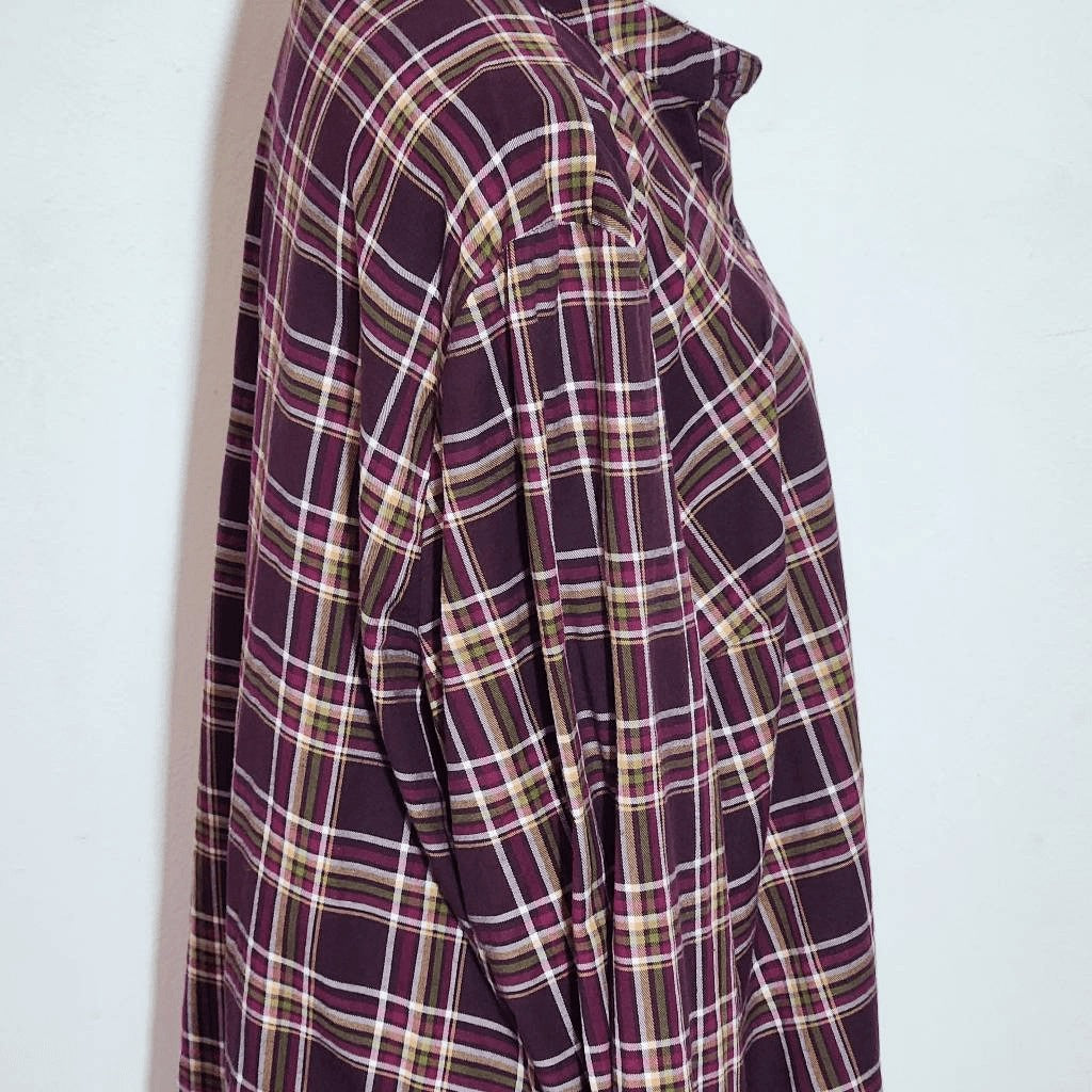 D&Co. Burgundy Plaid Collarless Button Down Shirt Size XL Burgundy Plaid Top