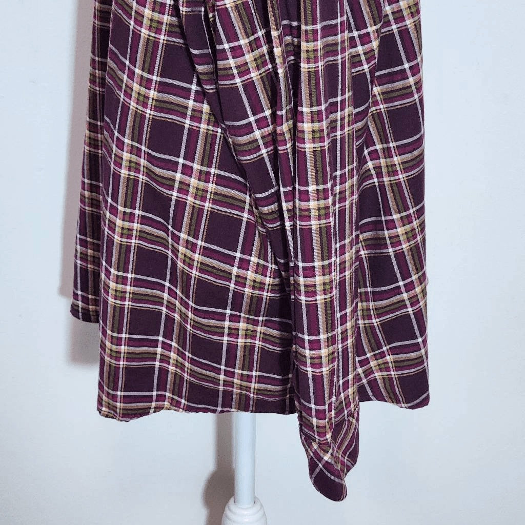 D&Co. Burgundy Plaid Collarless Button Down Shirt Size XL Burgundy Plaid Top