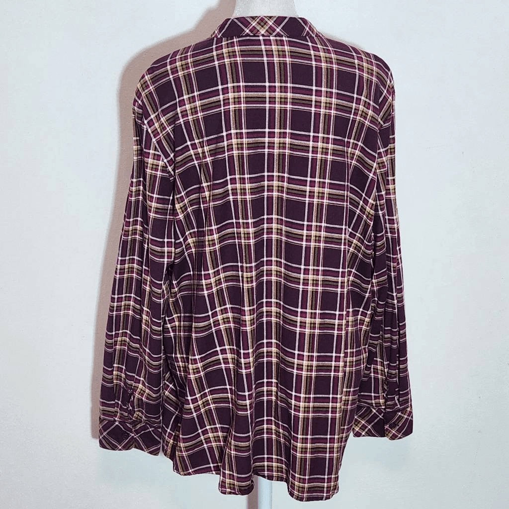 D&Co. Burgundy Plaid Collarless Button Down Shirt Size XL Burgundy Plaid Top