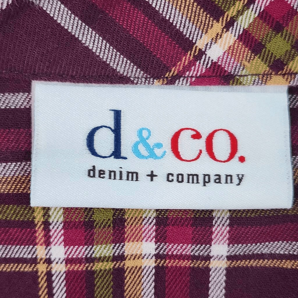 D&Co. Burgundy Plaid Collarless Button Down Shirt Size XL Burgundy Plaid Top