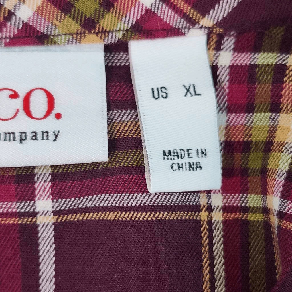 D&Co. Burgundy Plaid Collarless Button Down Shirt Size XL Burgundy Plaid Top