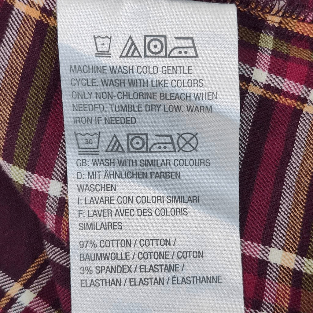 D&Co. Burgundy Plaid Collarless Button Down Shirt Size XL Burgundy Plaid Top