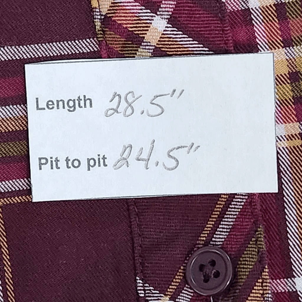 D&Co. Burgundy Plaid Collarless Button Down Shirt Size XL Burgundy Plaid Top