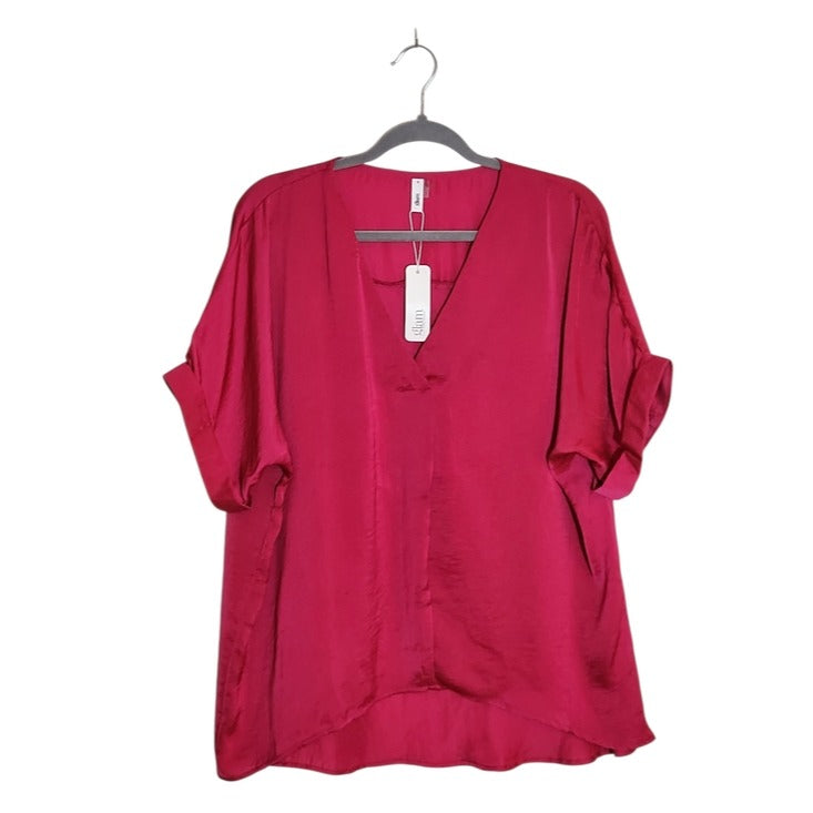 glam Fuchsia V-Neck Short Sleeve Blouse Size Small NWT