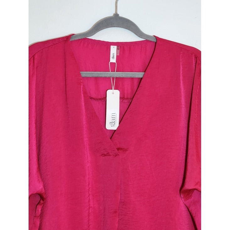 glam Fuchsia V-Neck Short Sleeve Blouse Size Small NWT