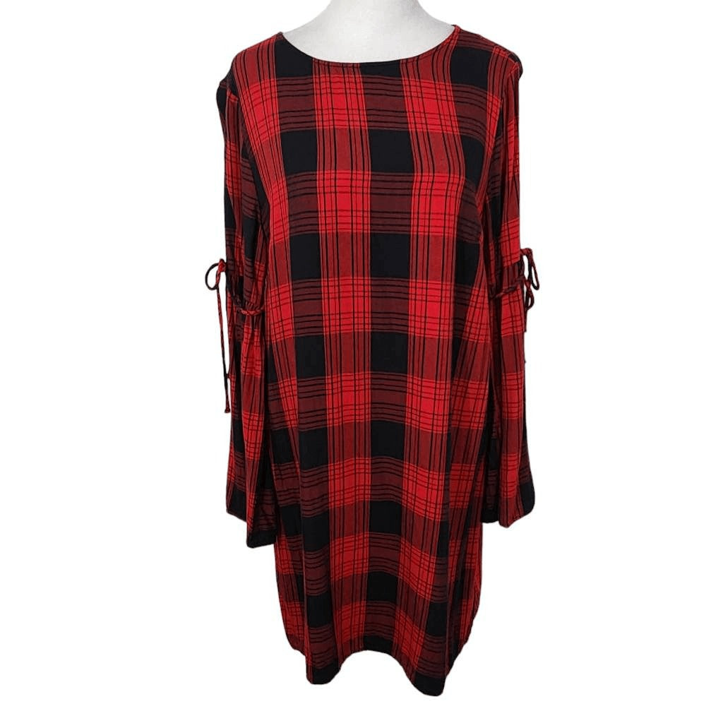 BeachLunchLounge Red Plaid Sheath Dress Size Medium Red and Black Mini Dress