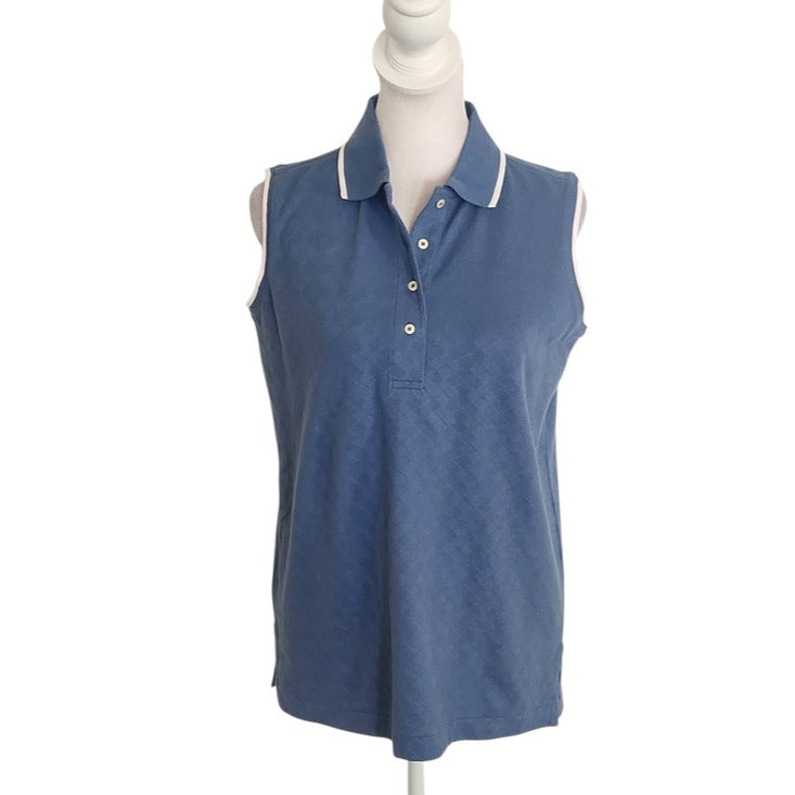 Outer Banks Slate Blue Tonal Argyle Sleeveless Polo with White Trim Size Medium