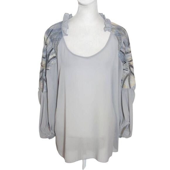 Sains Gray Sheer Boho Blouse with Embellished Sleeves Size Medium