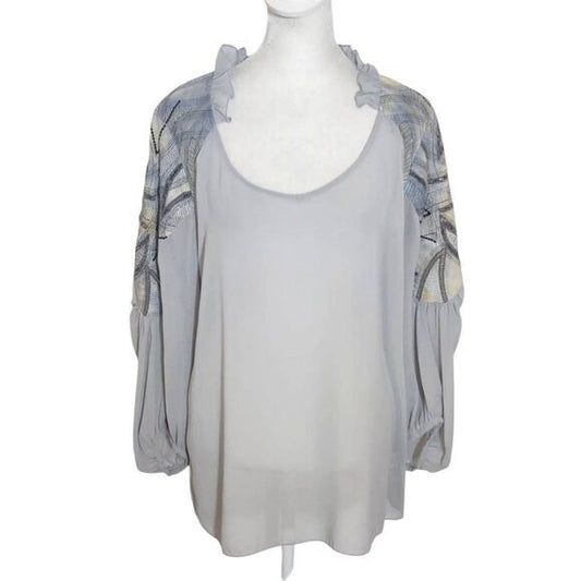 Sains Gray Sheer Boho Blouse with Embellished Sleeves Size Medium