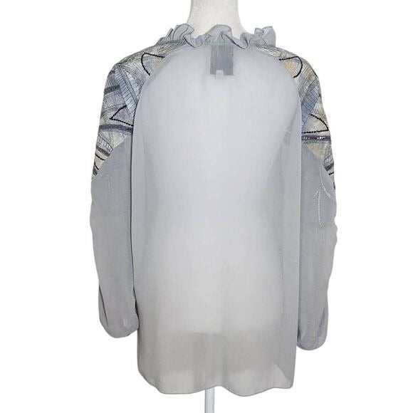 Sains Gray Sheer Boho Blouse with Embellished Sleeves Size Medium
