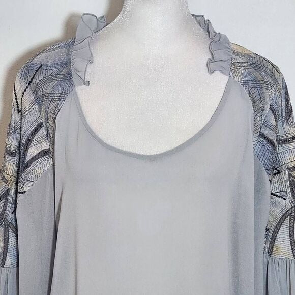 Sains Gray Sheer Boho Blouse with Embellished Sleeves Size Medium