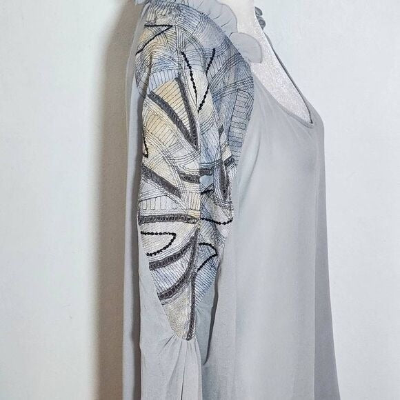 Sains Gray Sheer Boho Blouse with Embellished Sleeves Size Medium