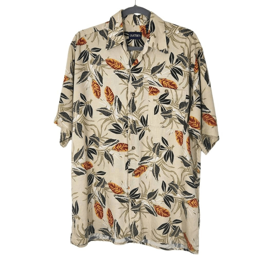 Puritan Khaki Hawaiian Shirt with Orange and Green Floral Print Size Medium