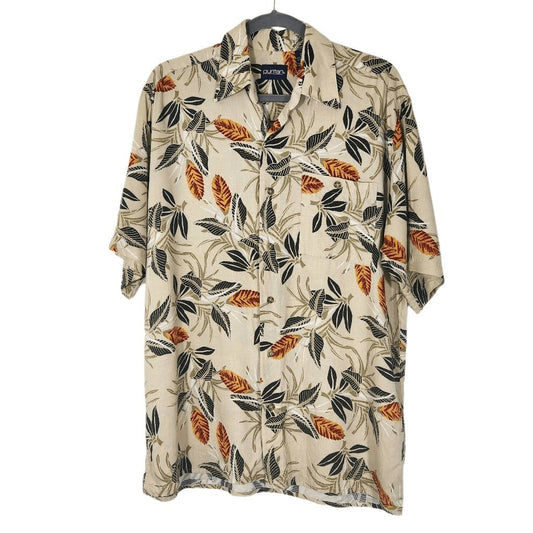 Puritan Khaki Hawaiian Shirt with Orange and Green Floral Print Size Medium