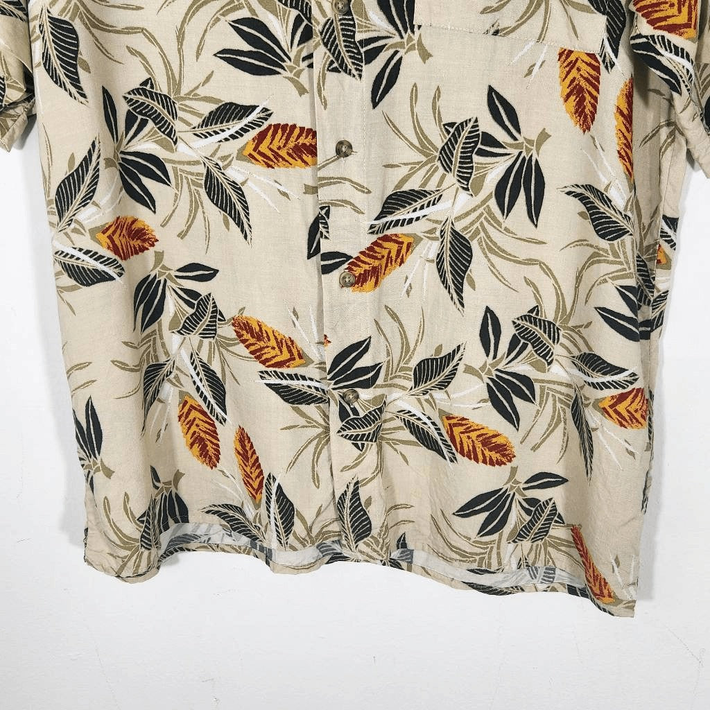 Puritan Khaki Hawaiian Shirt with Orange and Green Floral Print Size Medium