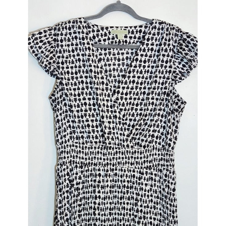 Ryegrass White and Black Perfume Print Blouson Midi Dress Size Large