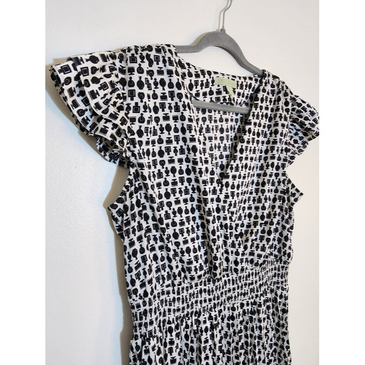 Ryegrass White and Black Perfume Print Blouson Midi Dress Size Large