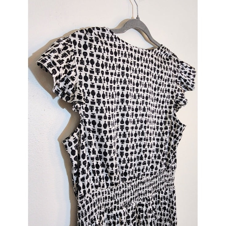 Ryegrass White and Black Perfume Print Blouson Midi Dress Size Large