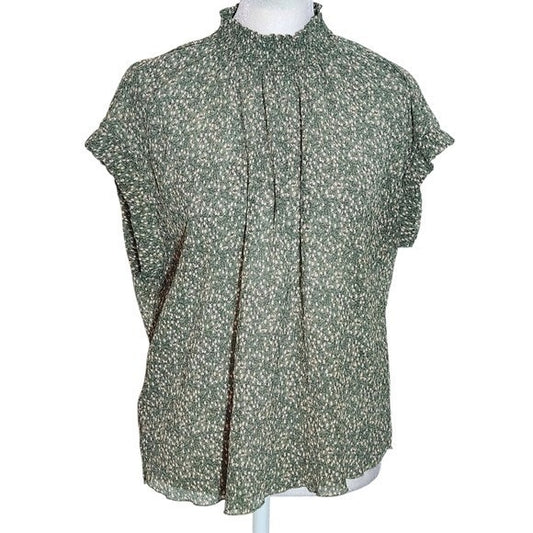 Monteau Green Floral Cap Sleeve Top with Mock Neck Styling Size Medium