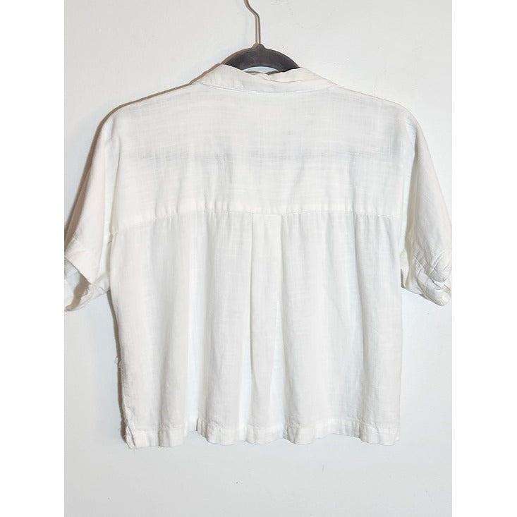 Thread and Supply White Cropped Linen Blend Button Down Shirt Size Small