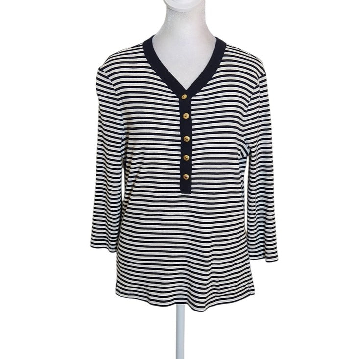 Lauren Ralph Lauren Womens Black and White Ribbed Knit Henley Size Large