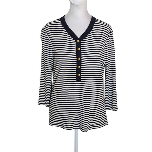 Lauren Ralph Lauren Womens Black and White Ribbed Knit Henley Size Large