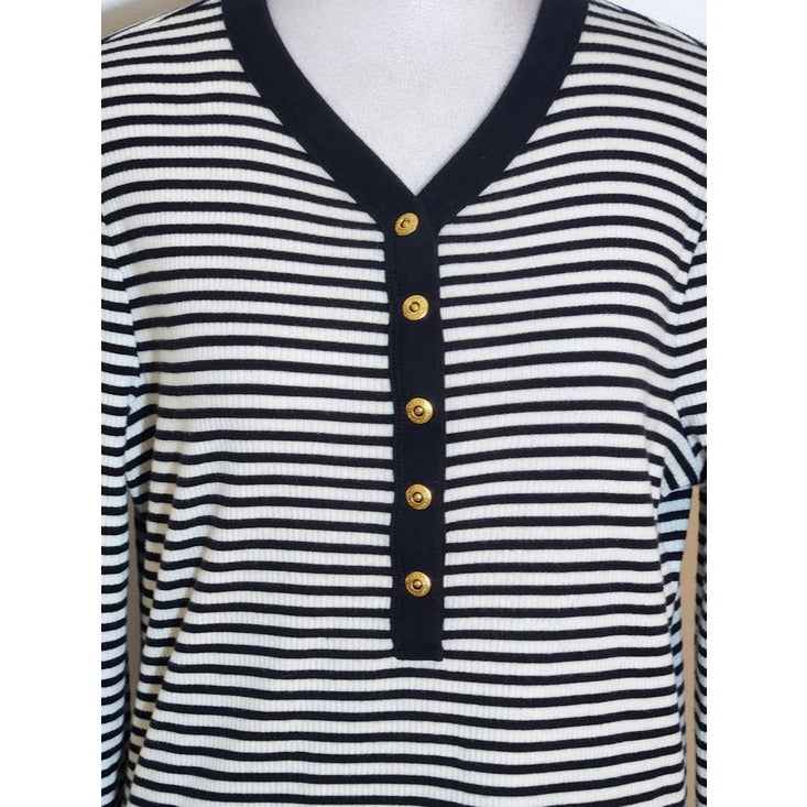 Lauren Ralph Lauren Womens Black and White Ribbed Knit Henley Size Large