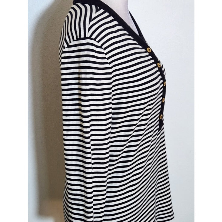 Lauren Ralph Lauren Womens Black and White Ribbed Knit Henley Size Large