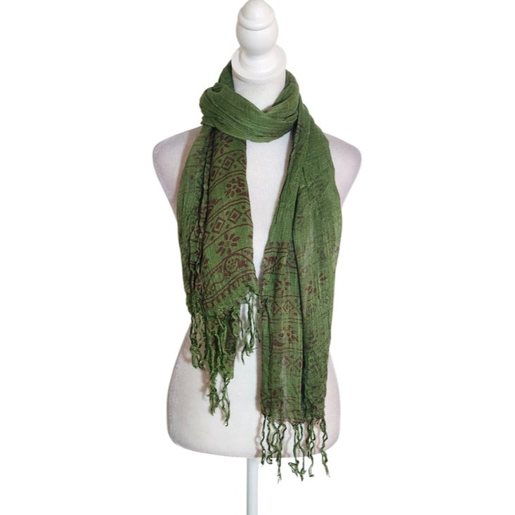 Fresh Brewed Green and Burgundy Boho Woven Scarf with Fringe Trim One Size