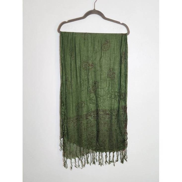 Fresh Brewed Green and Burgundy Boho Woven Scarf with Fringe Trim One Size