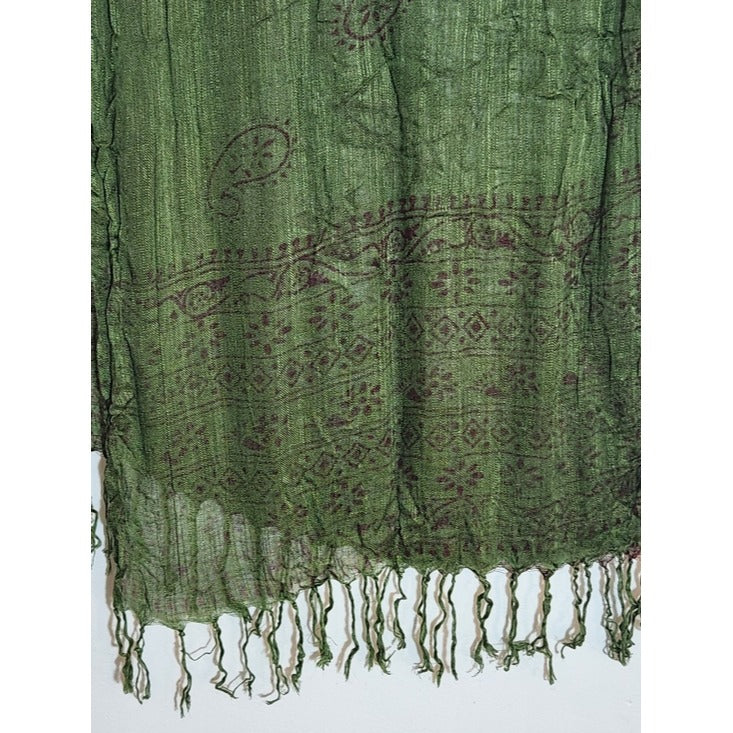Fresh Brewed Green and Burgundy Boho Woven Scarf with Fringe Trim One Size
