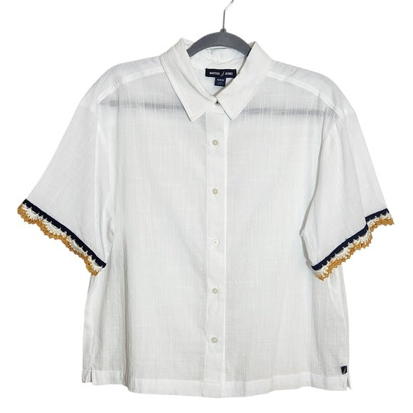 Nautica White Crochet Accent Button Down Shirt Size Medium