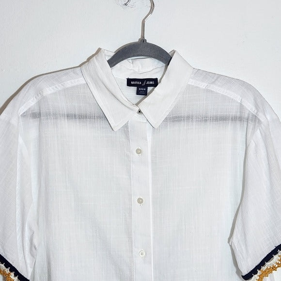 Nautica White Crochet Accent Button Down Shirt Size Medium