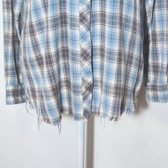 MM Vintage Gray and Blue Plaid Flannel Shirt with Embroidered Detail Size Medium