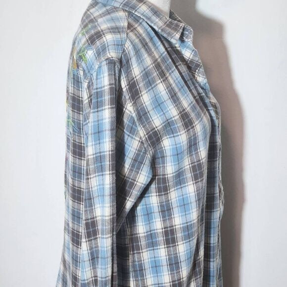 MM Vintage Gray and Blue Plaid Flannel Shirt with Embroidered Detail Size Medium