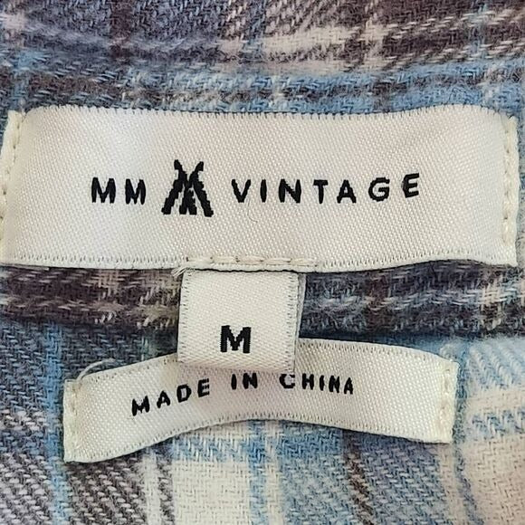 MM Vintage Gray and Blue Plaid Flannel Shirt with Embroidered Detail Size Medium
