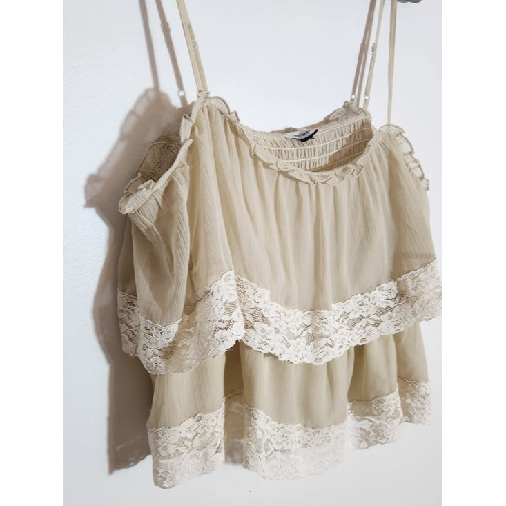 American Eagle Cream Boho Ruffle Lace Cropped Top Size XL