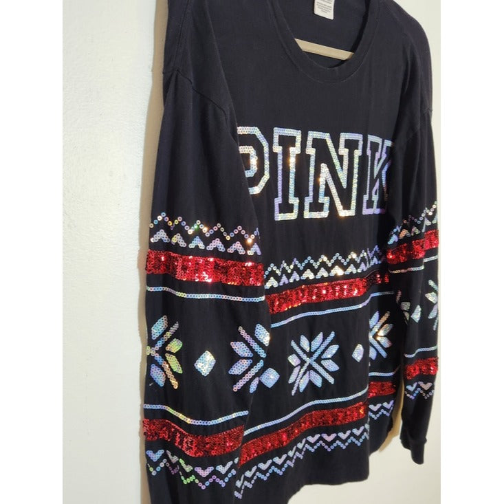 PINK by Victoria's Secret Black Sequin Holiday Tee Size Medium