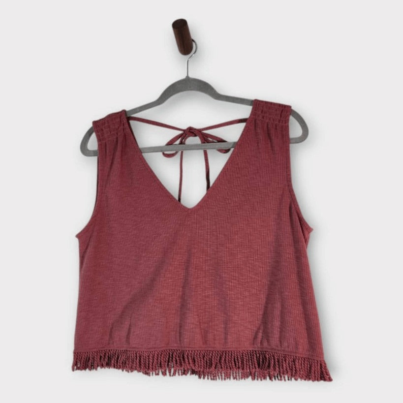 Very J Pink Ribbed Knit Crop Top Size Medium Dusty Pink Crop Top with Fringe
