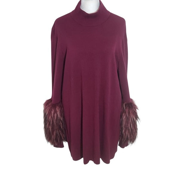Alfani Burgundy Sweater with Faux Fur Cuffs Size 1X Oxblood Mock Neck Sweater