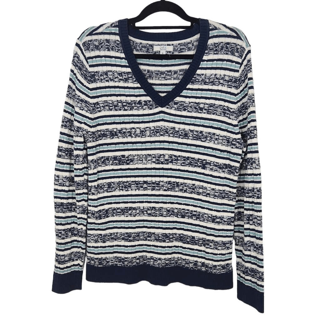 Croft & Barrow Navy and White Striped V-Neck Sweater Size XL Navy Knit Sweater