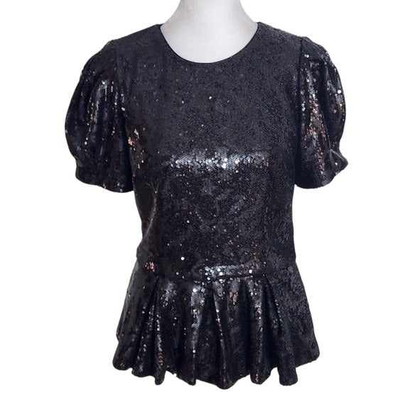 Antonio Melani Black Sequin Peplum Top with Puffy Sleeve Size 2 NWT
