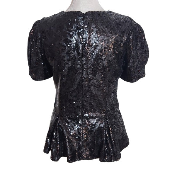 Antonio Melani Black Sequin Peplum Top with Puffy Sleeve Size 2 NWT
