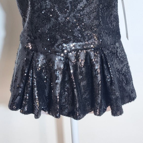Antonio Melani Black Sequin Peplum Top with Puffy Sleeve Size 2 NWT