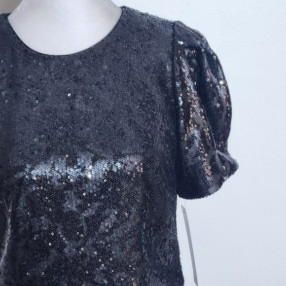 Antonio Melani Black Sequin Peplum Top with Puffy Sleeve Size 2 NWT